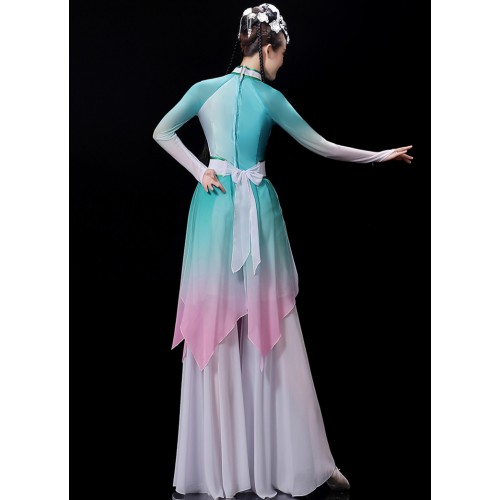 Women's girls turquoise pink gradient Chinese Folk calssical dance costumes ancient traditional Umbrella fan dance princess fairy hanfu dress for woman